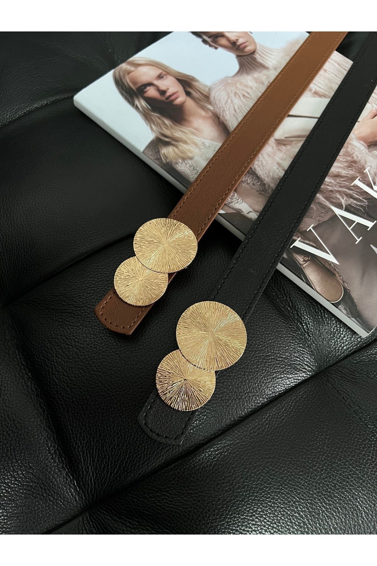 2'li Fırsat Ürünü Yuvarlak Gold Toka Kadın Kemeri, Pantolon Kemeri, Ceket Kemeri, Elbise Kemeri