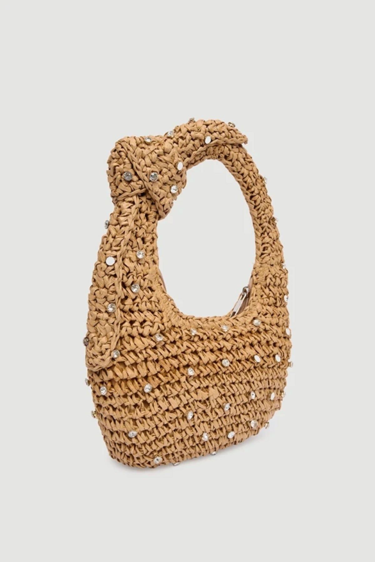 Taş Detaylı El Örgüsü Camel Hasır Çanta 18x24 Cm CNT1048