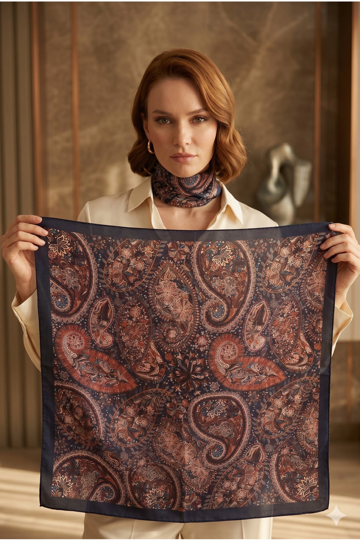 Kadın Desenli Saten Boyun Fuları Bandana 70x70 Lacivert Bordo Ekru FLR2002
