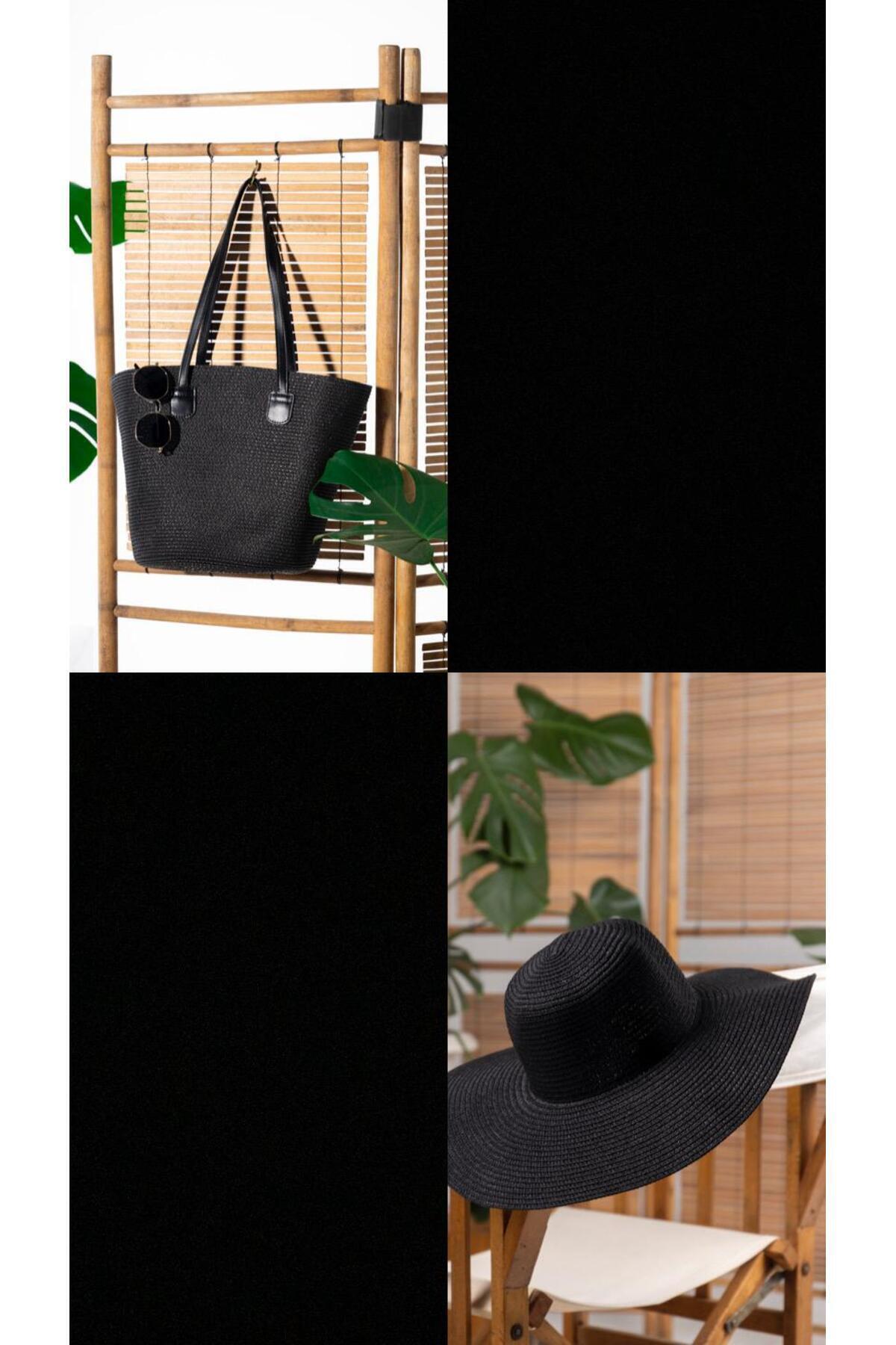 Siyah Hasır Şapka Ve Hasır Çanta İkili Set Kutulu Gönderim