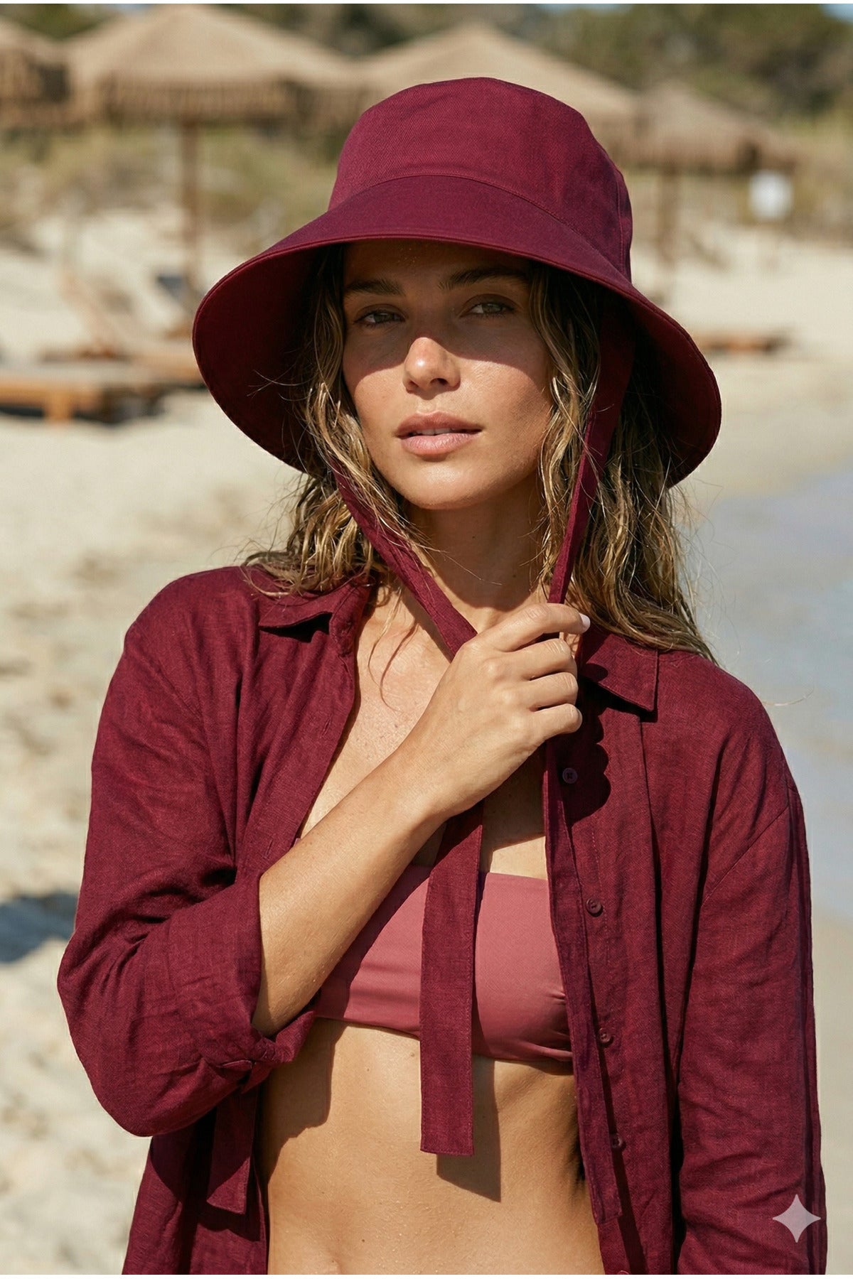 Bordo Bağlama Detaylı Bucket Şapka Spk09-1