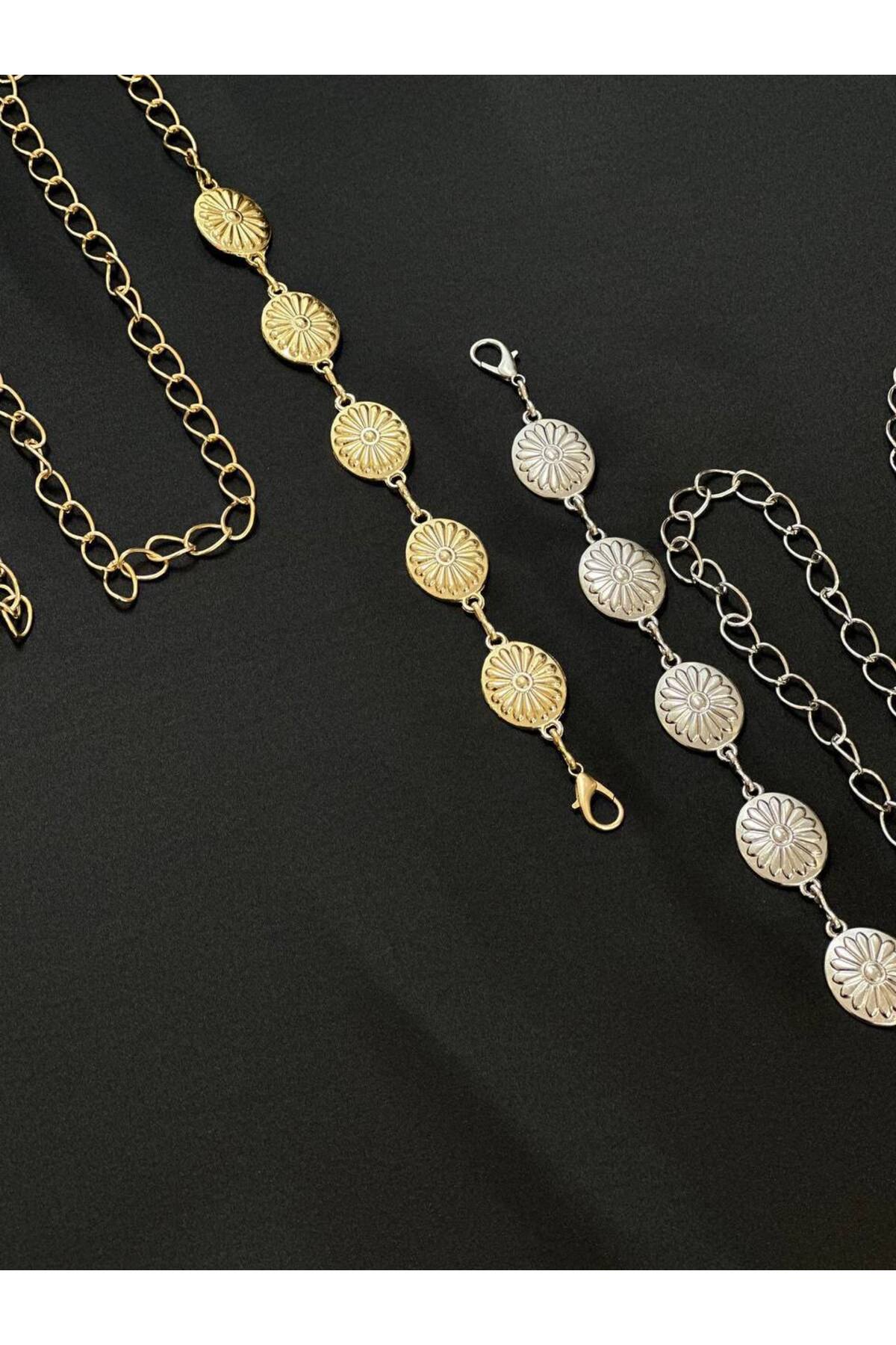 2'li Papatya Gold Gümüş Detaylı Kadın Bel Zinciri Bel Kemeri,Elbise Kemeri,Etek Kemeri