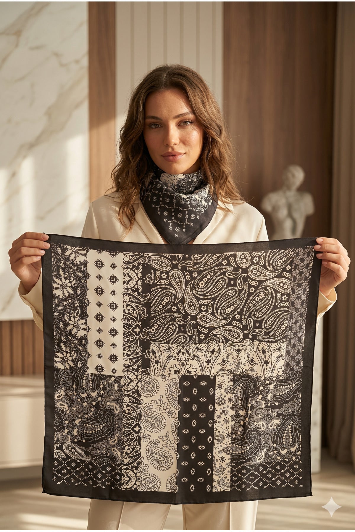 Kadın Desenli Saten Boyun Fuları Bandana 70x70 Siyah Beyaz FLR2005