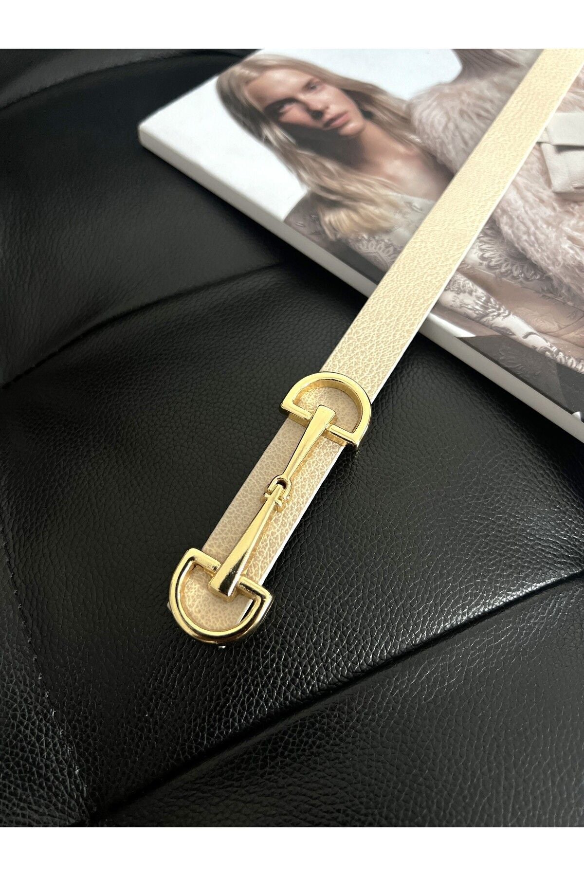 Uzun Gold Tokalı İnce Bej Kadın Kemeri, Ceket Kemeri, Gömlek Kemeri, Elbise Kemeri