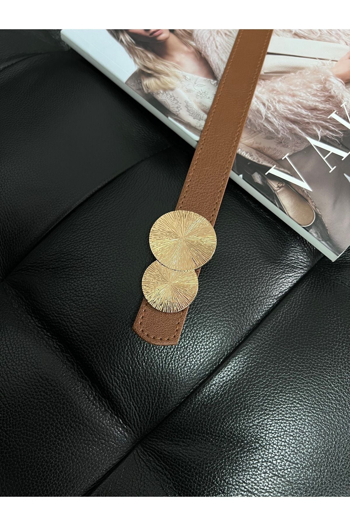 Yuvarlak Gold Toka Kadın Kemeri, Pantolon Kemeri, Ceket Kemeri, Elbise Kemeri, Gömlek Kemeri