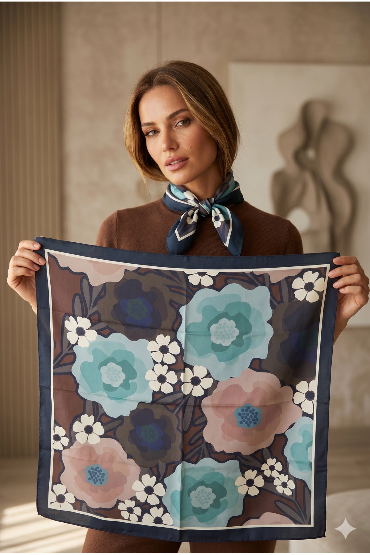Kadın Desenli Saten Boyun Fuları Bandana 70x70 Kahverengi Yeşil Ekru FLR2009