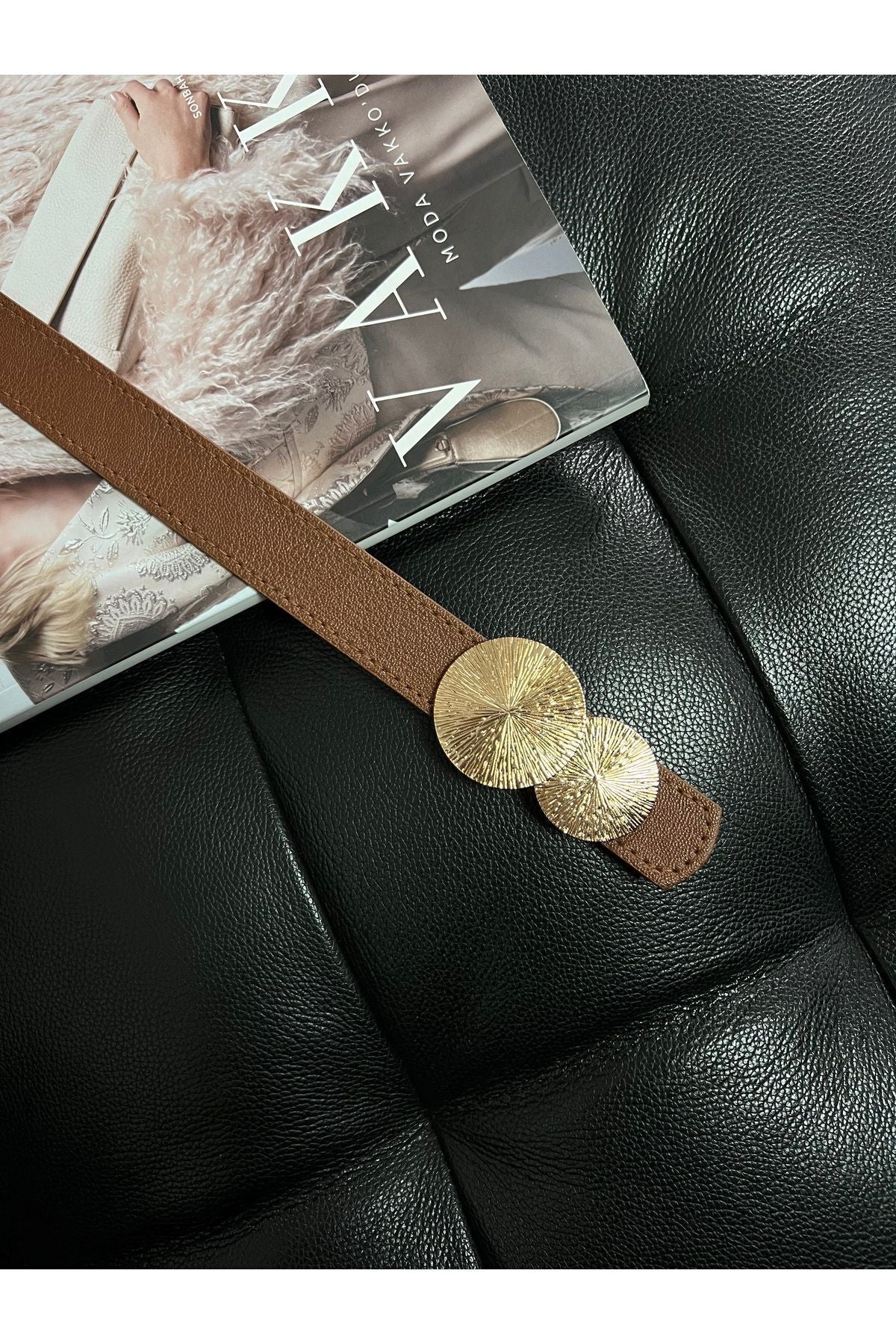 Yuvarlak Gold Toka Kadın Kemeri, Pantolon Kemeri, Ceket Kemeri, Elbise Kemeri, Gömlek Kemeri