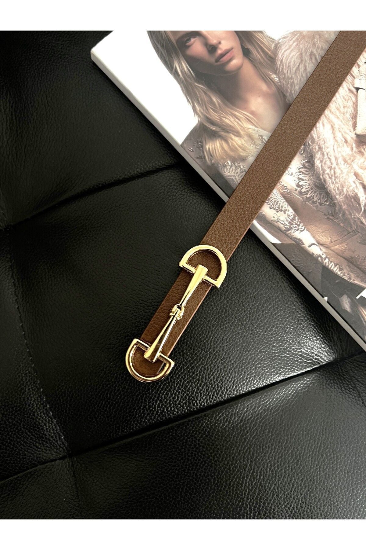 Uzun Gold Tokalı İnce Taba Kadın Kemeri, Ceket Kemeri, Gömlek Kemeri, Elbise Kemeri