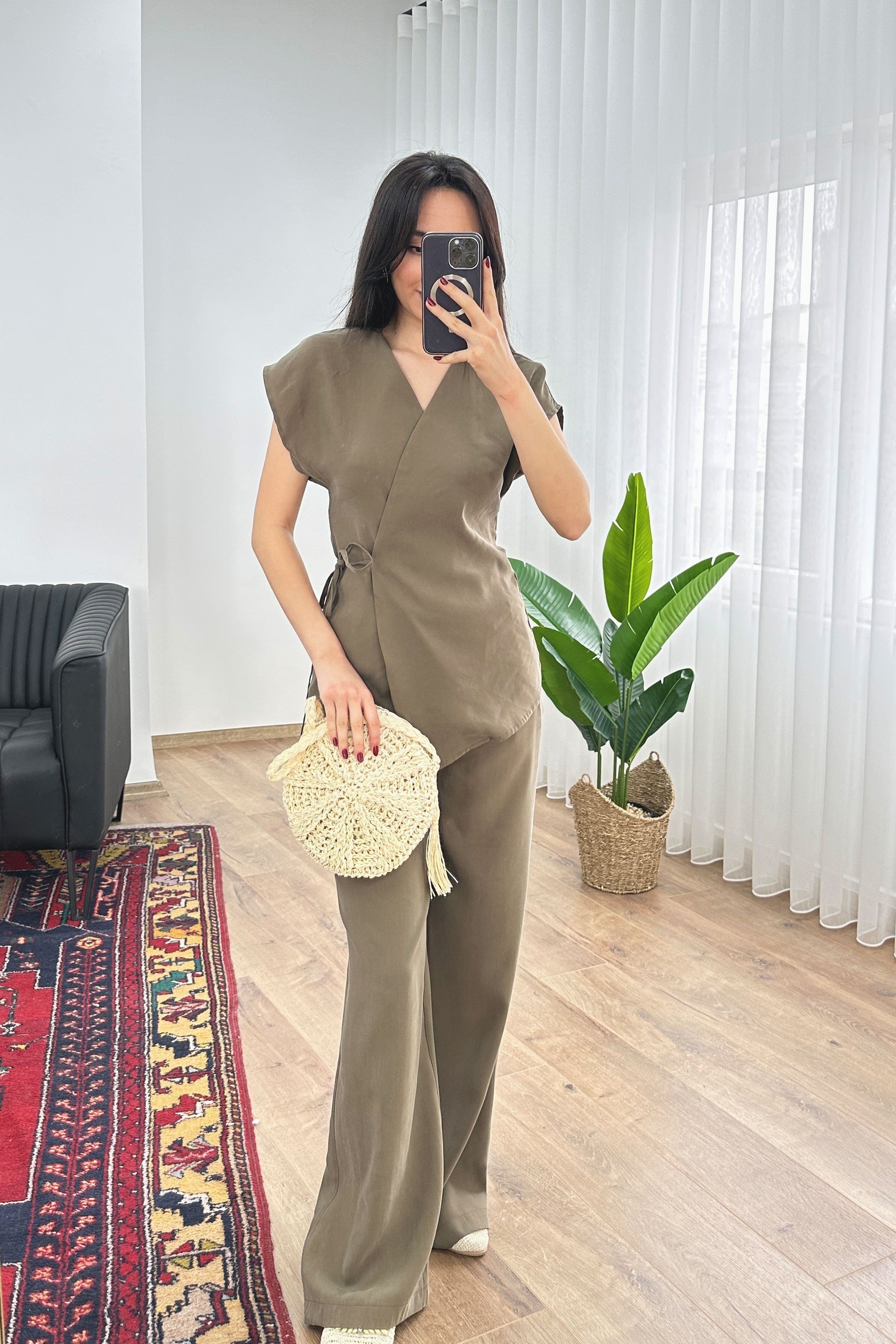 Modal Tek Düğme Kapamalı Oversize Haki Toptan Takım