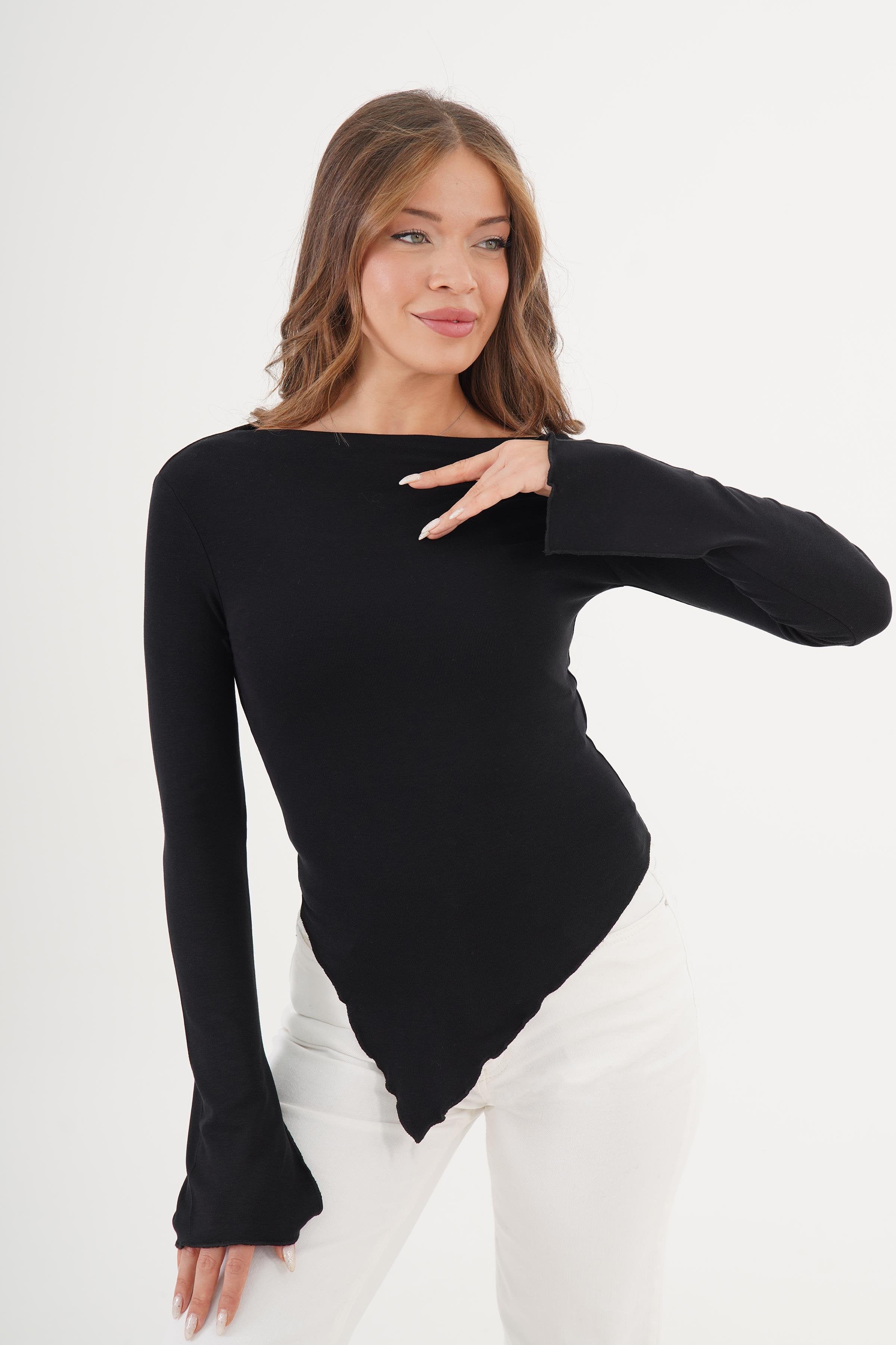 Asimetrik Kesim Toptan Siyah Basic Bluz
