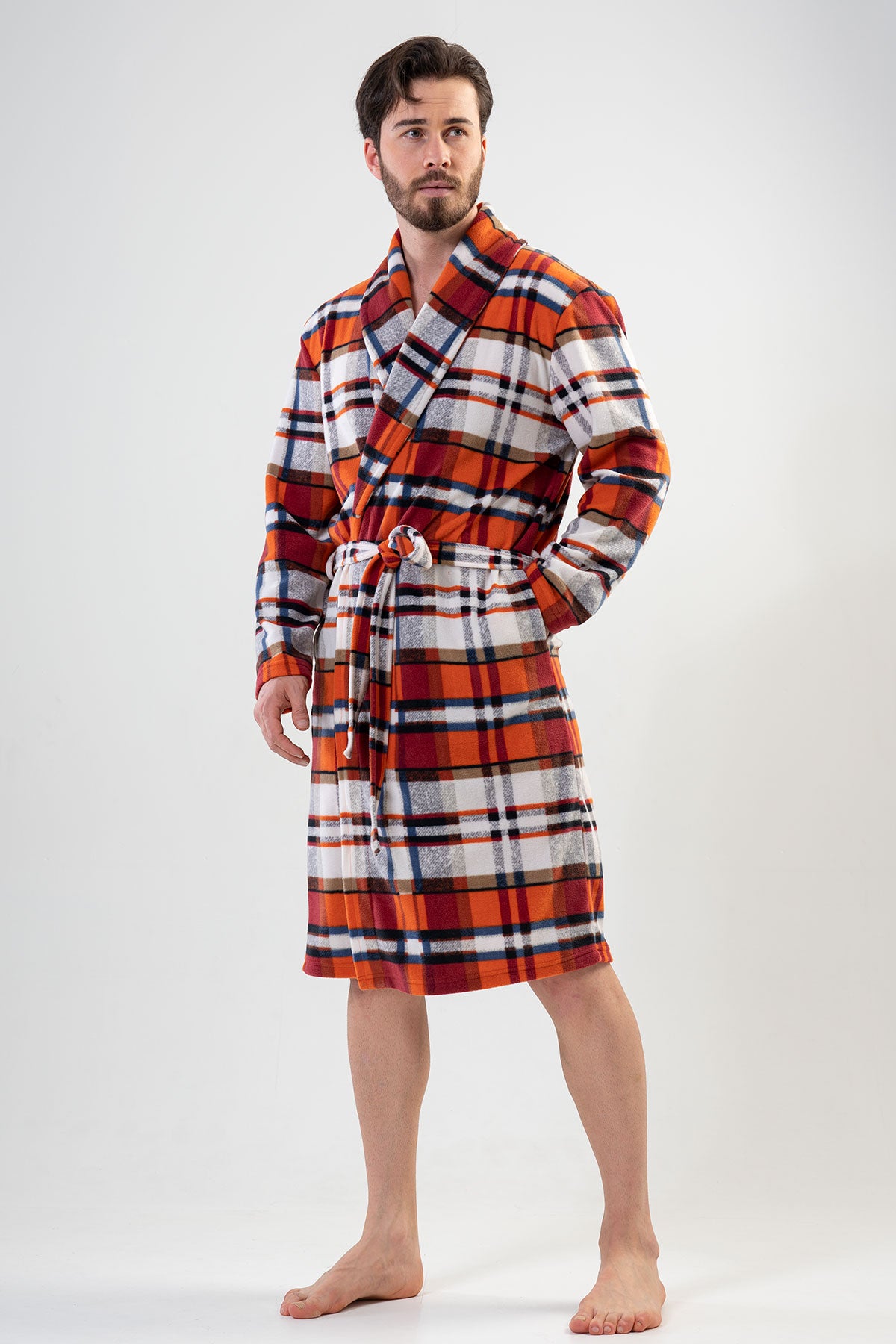MEN'S FLEECE ROBE WITH SHAWL COLLAR, LONG SLEEVE, AND LONG POCKETS - SALMON