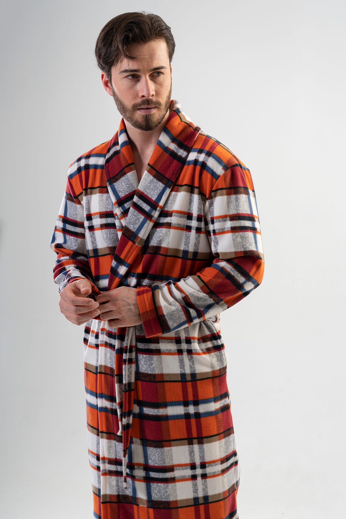 MEN'S FLEECE ROBE WITH SHAWL COLLAR, LONG SLEEVE, AND LONG POCKETS - SALMON