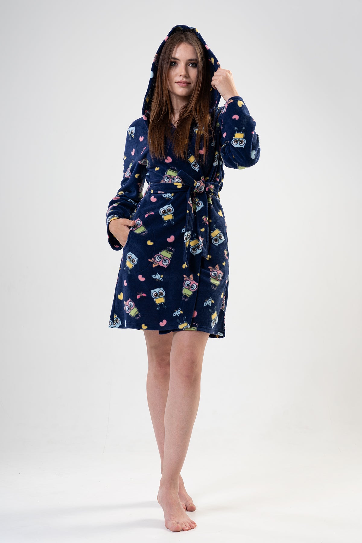 KADIN POLAR KAPSONLU CEPLI KISA SABAHLIK - DRESS BLUES