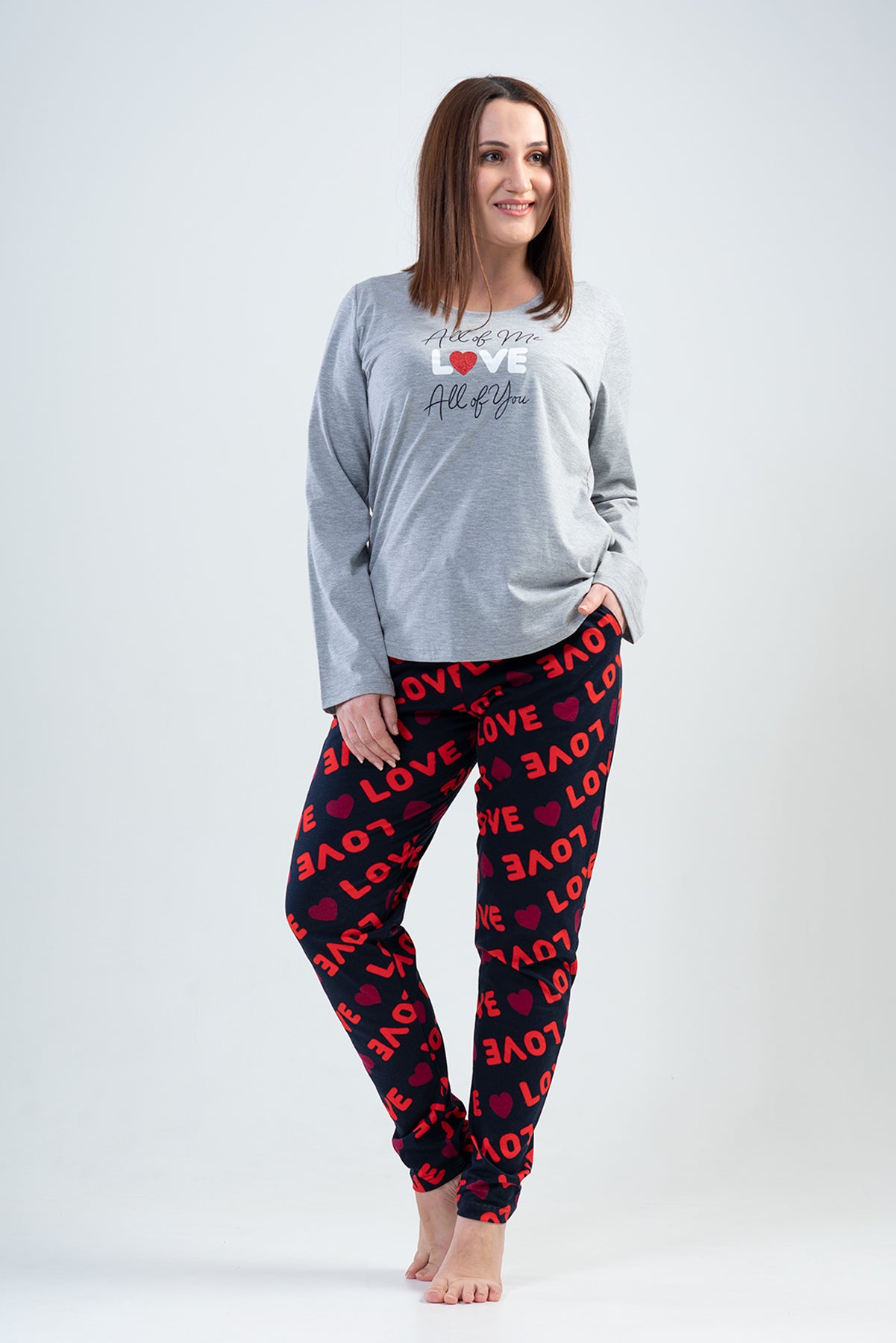 BAYAN P.SUPREM XXL O YAKA UZUN KOL ETEGI OVAL CEPLI PIJAMA TAKIM - GRAY MELANGE
