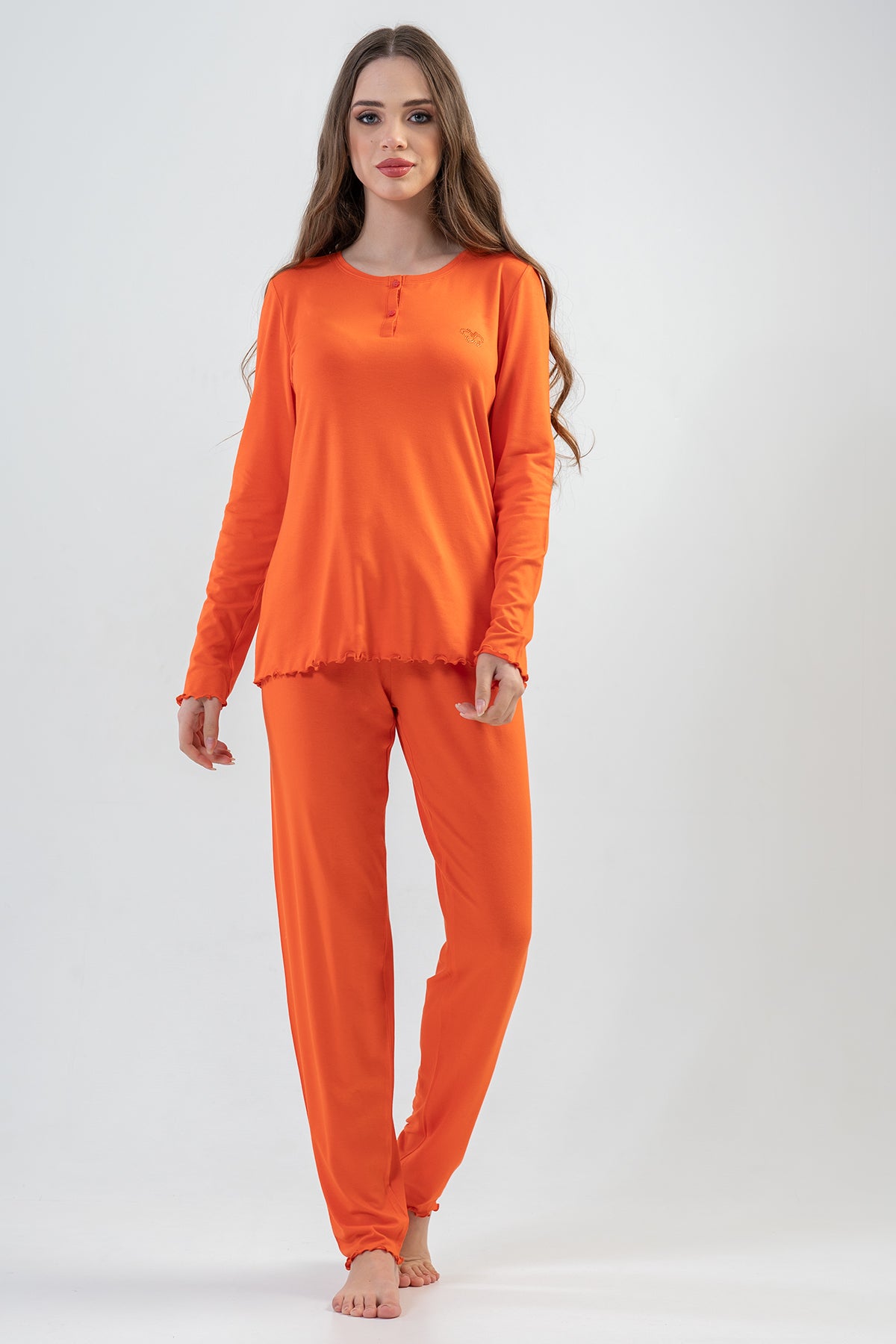 WOMEN'S LYC WORTEX FLAT BATTEREN NECK LONG SLEEVE BABY PJAMA SET - SALMON