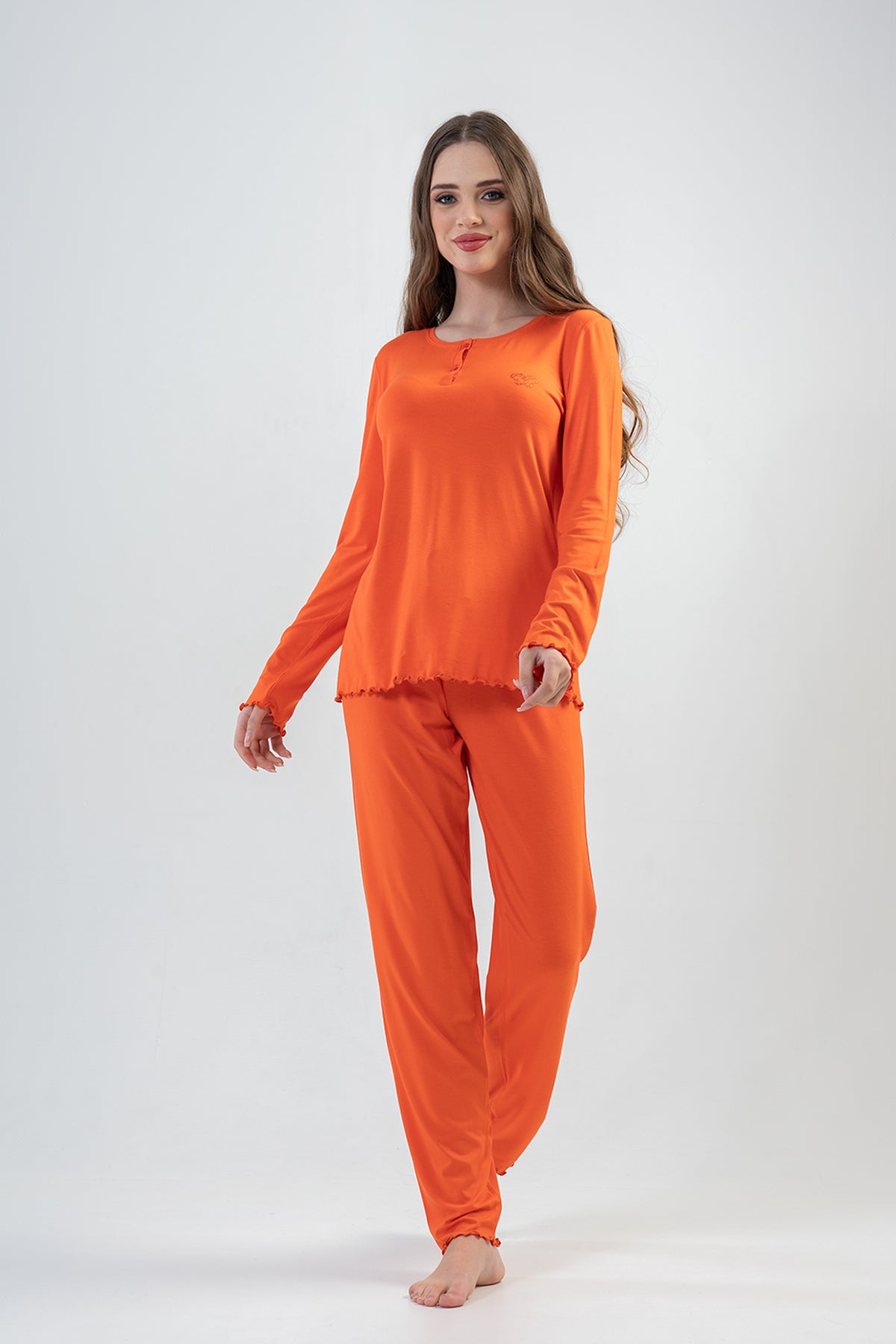 WOMEN'S LYC WORTEX FLAT BATTEREN NECK LONG SLEEVE BABY PJAMA SET - SALMON