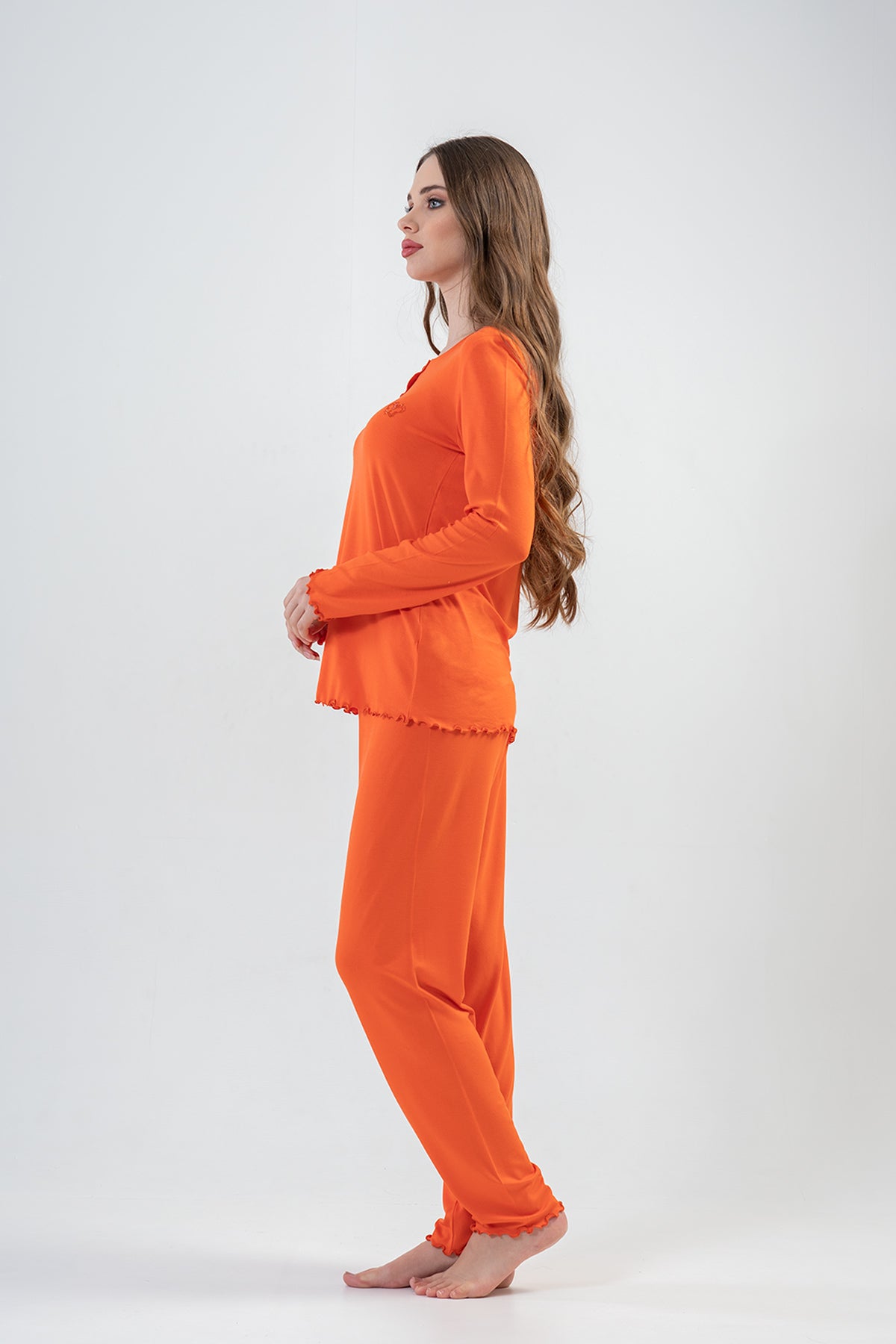 WOMEN'S LYC WORTEX FLAT BATTEREN NECK LONG SLEEVE BABY PJAMA SET - SALMON