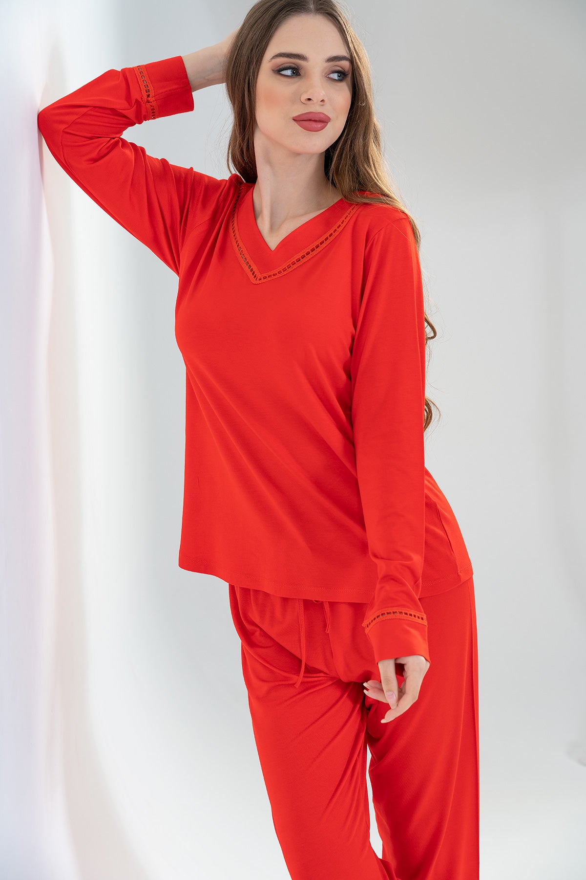 BAYAN LYC WORTEKS V YAKA UZUN KOL ETEGI OVAL PIJAMA TAKIM - Y.NARCICEK