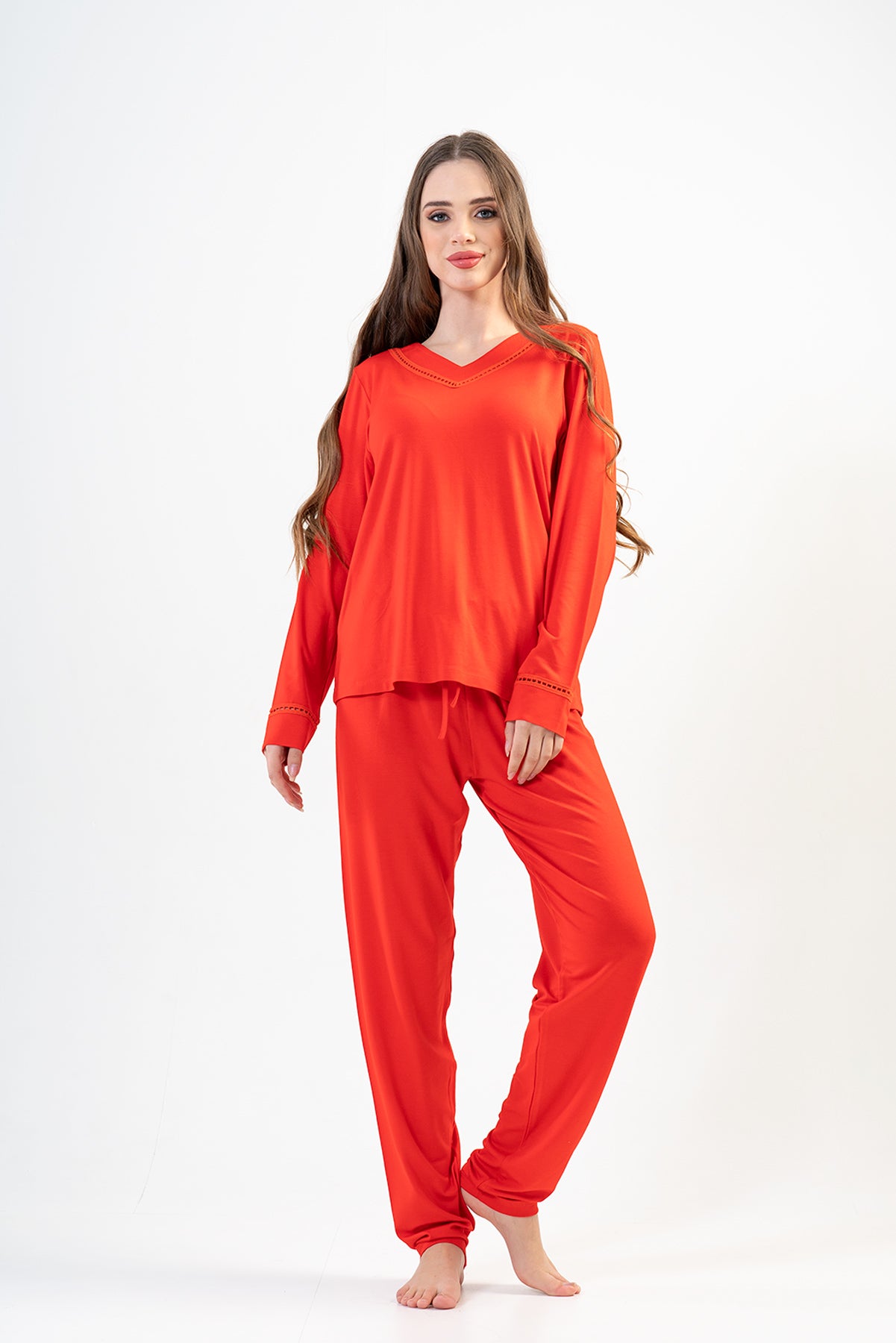 BAYAN LYC WORTEKS V YAKA UZUN KOL ETEGI OVAL PIJAMA TAKIM - Y.NARCICEK