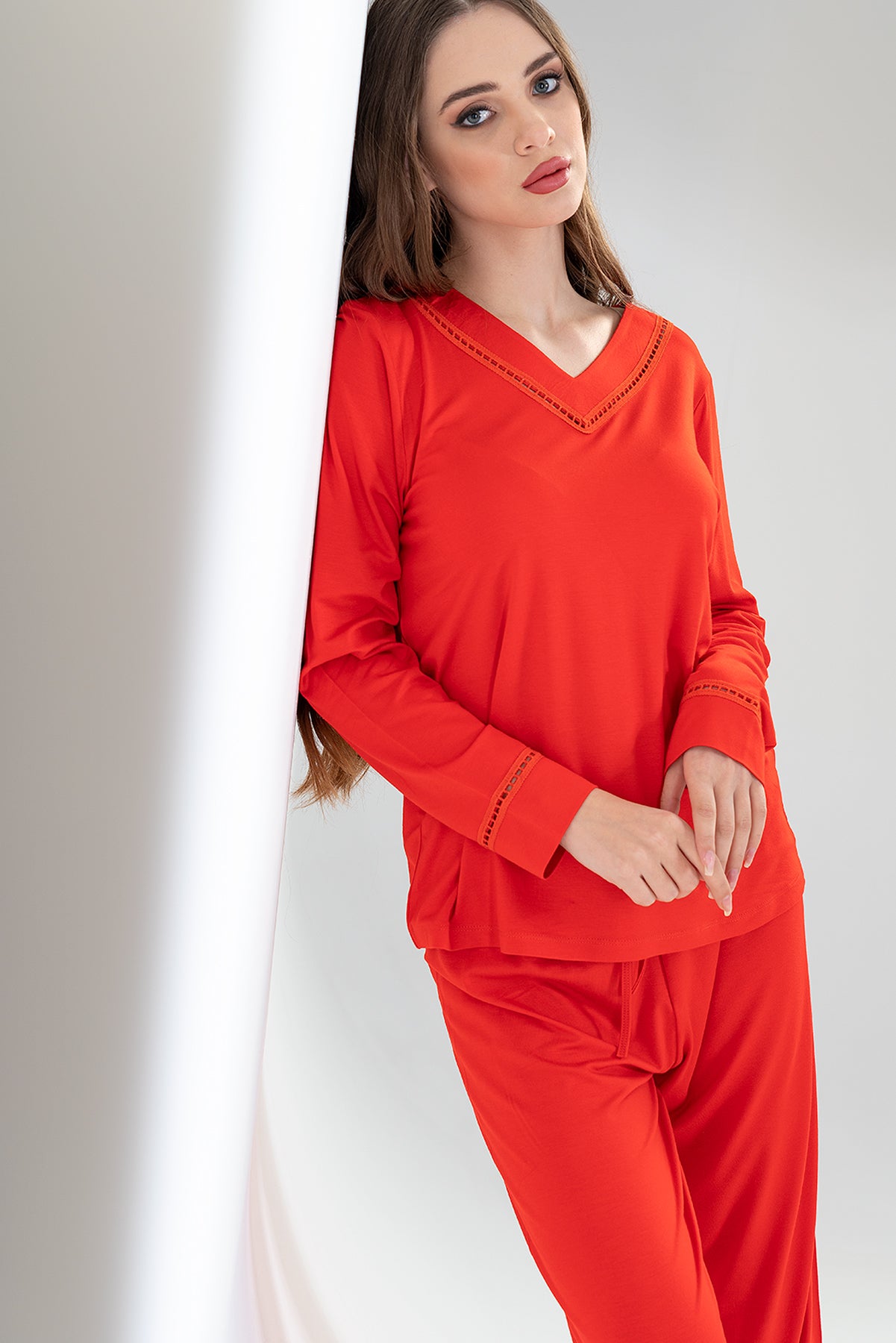 BAYAN LYC WORTEKS V YAKA UZUN KOL ETEGI OVAL PIJAMA TAKIM - Y.NARCICEK
