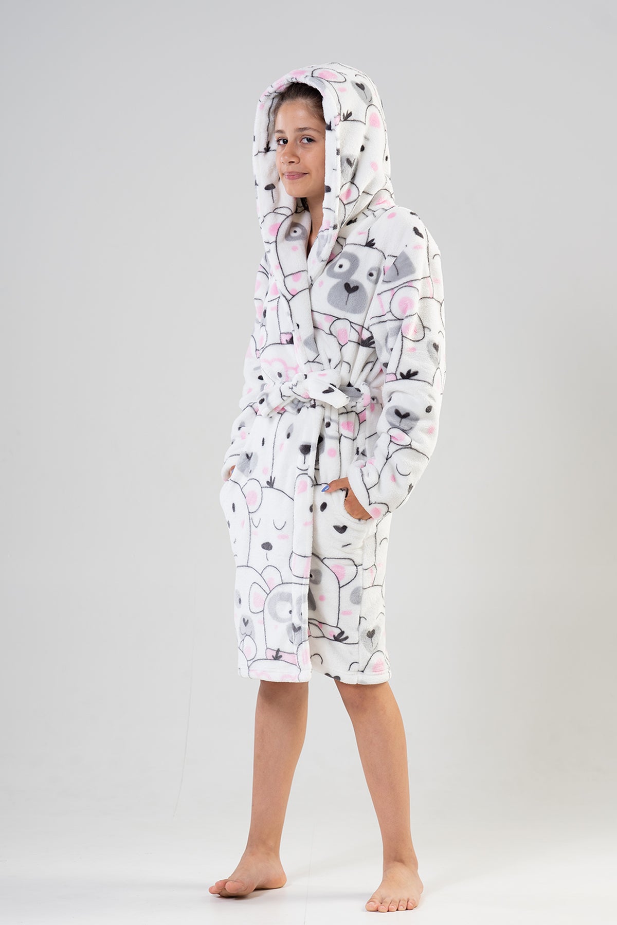 GIRL'S SOFT HOODED LONG-SLEEVE SHORT ROBE WITH POCKETS - WHITE