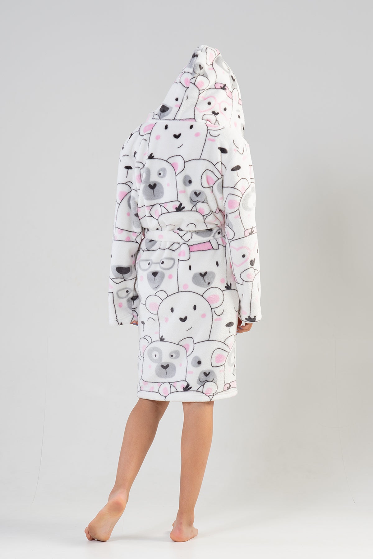 GIRL'S SOFT HOODED LONG-SLEEVE SHORT ROBE WITH POCKETS - WHITE