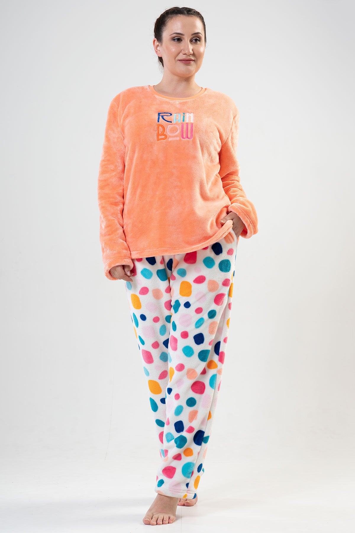 BAYAN SOFT XXL O YAKA UZUN KOL ETEGI OVAL CEPLI PIJAMA TAKIM - TURUNCU