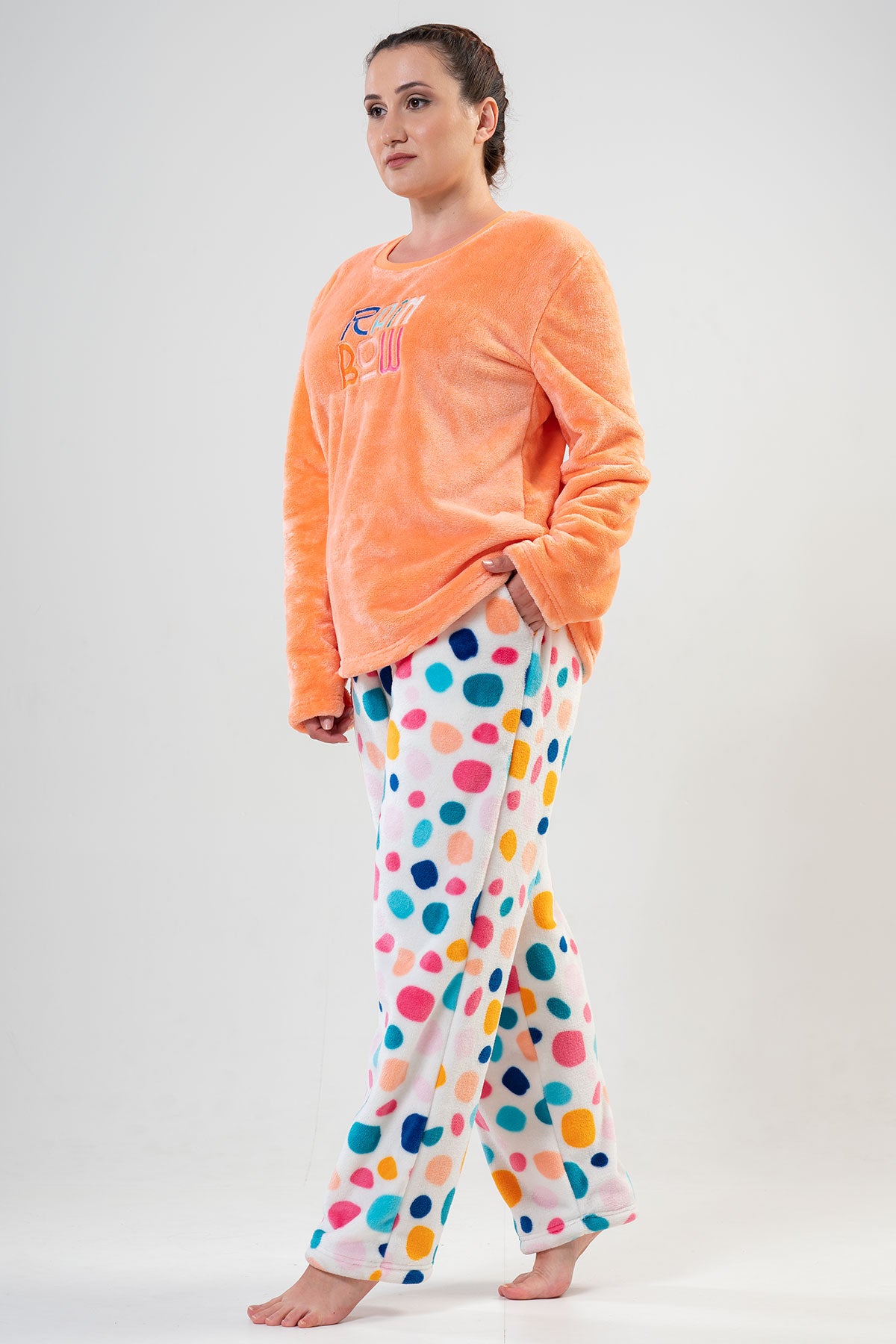 BAYAN SOFT XXL O YAKA UZUN KOL ETEGI OVAL CEPLI PIJAMA TAKIM - TURUNCU