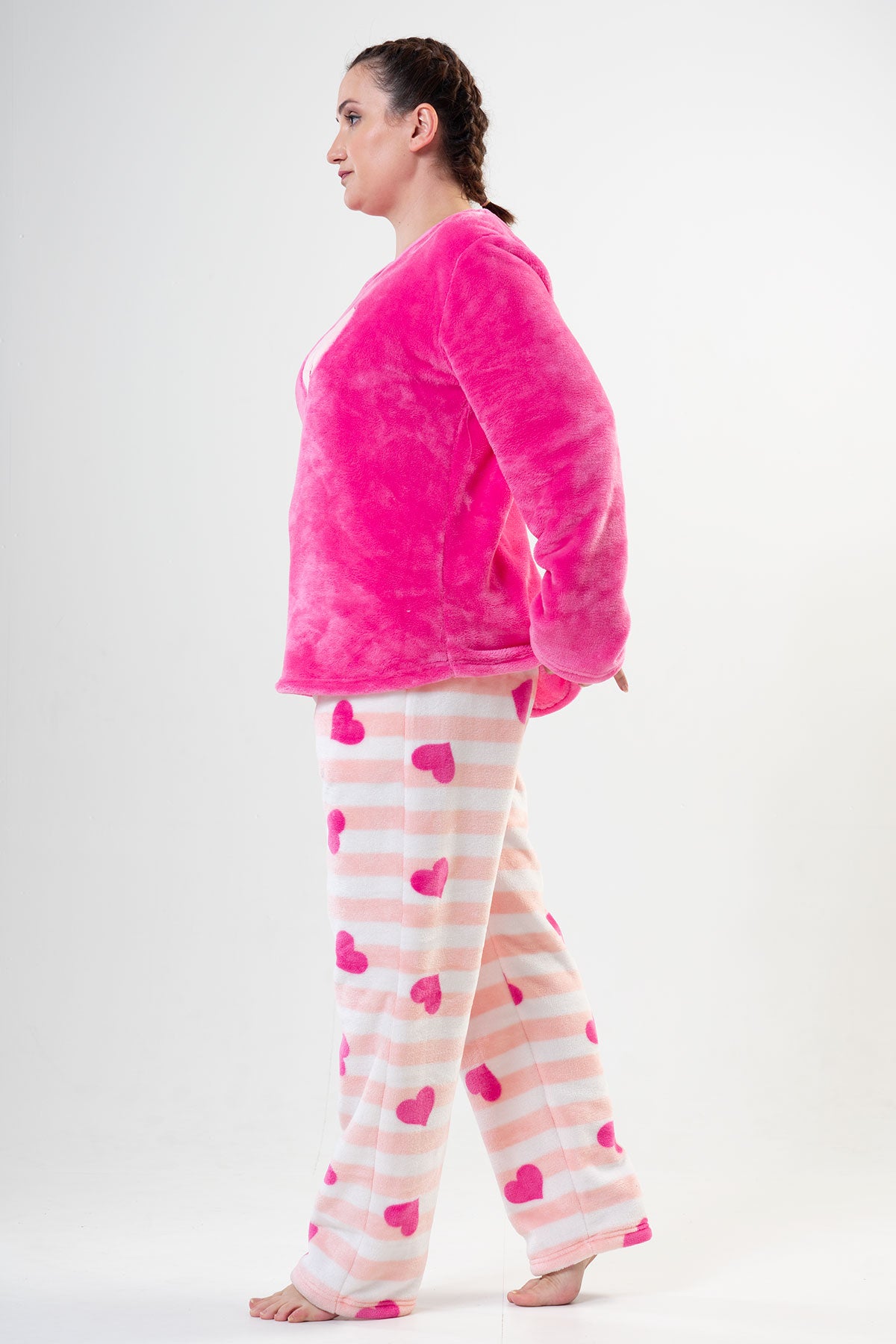 BAYAN SOFT XXL O YAKA UZUN KOL ETEGI OVAL CEPLI PIJAMA TAKIM - FUSYA