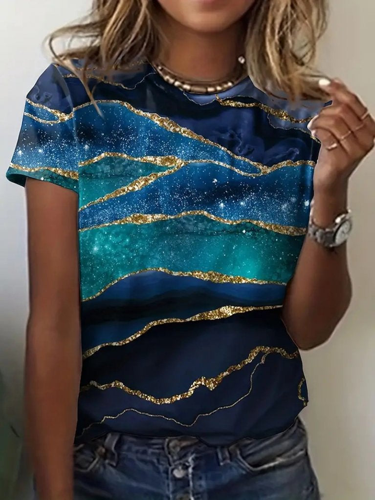 Women's Short Sleeve Crew Neck Blue Glitter Print Sandy Blouse, 15291