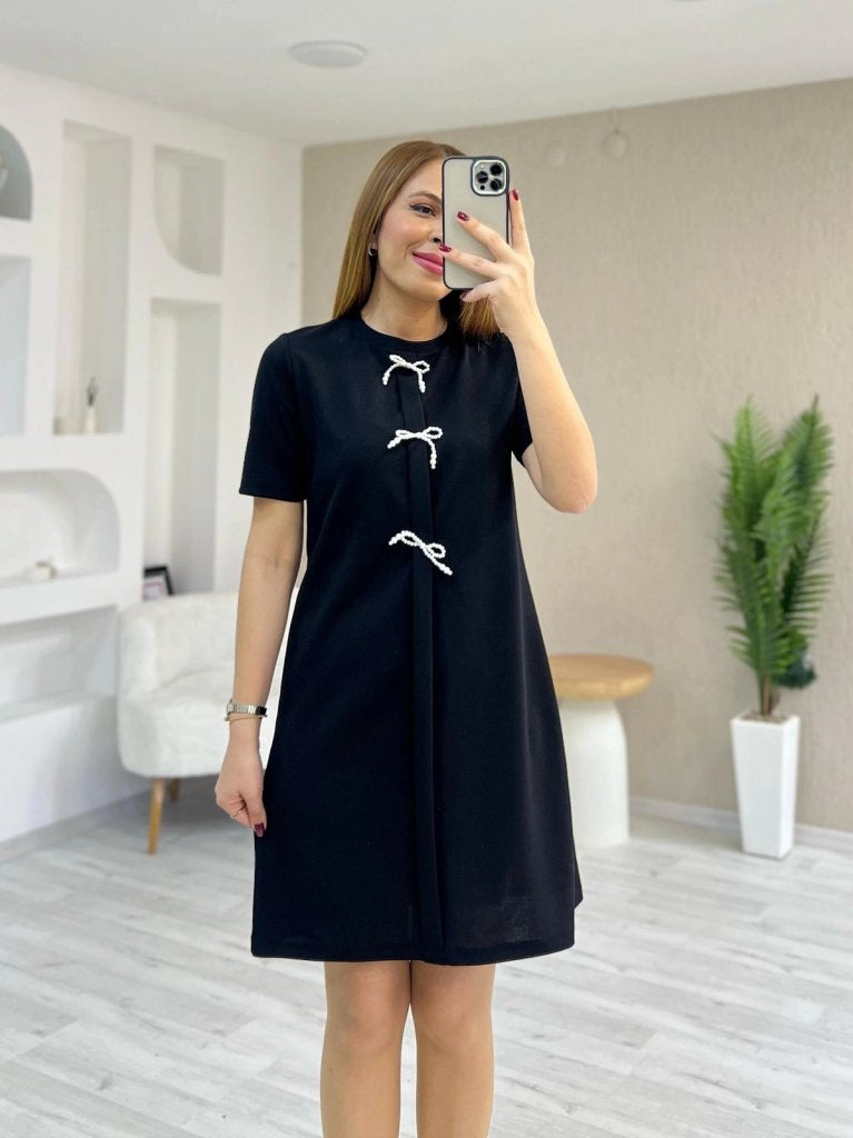 Women's Short Sleeve Crew Neck Imported Crepe Dress with Front Bow Detail, 24501