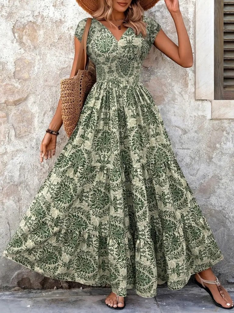 Kadın Kısa Kollu Kruvaze Yaka Beli Lastikli Süprem Maksi Boy Elbise, 37126