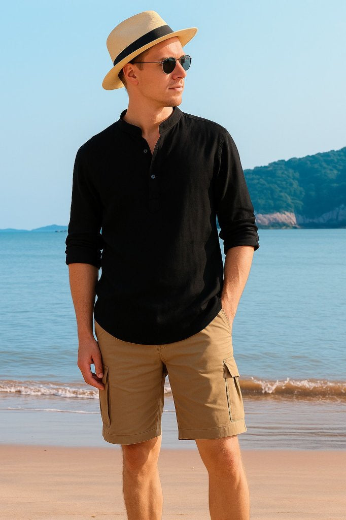 Men's Long-Sleeve Mandarin Collar Button-Down Muslim Shirt, 25067
