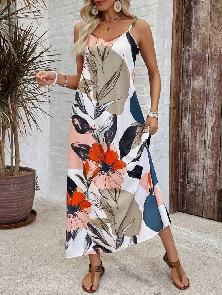 Women's Patterned Supima Dress with Wide Straps and V-Neck, 34080