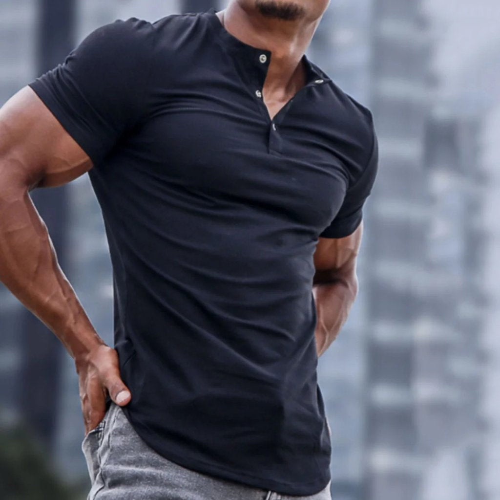 Men's Short-Sleeved Mandarin Collar Button-Front Viscose Blouse, 26883