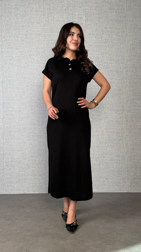 Women's Short Sleeve Collared Side Slit Viscose Two-Thread Dress, 26289