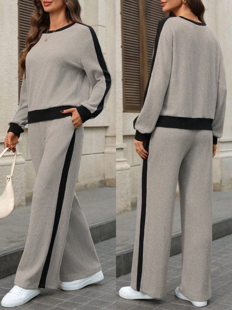 Kadın Uzun Kollu Bisiklet Yaka şardonlu Kaşkorse Bluz Ve Pantolon Ikili Takım , 30719