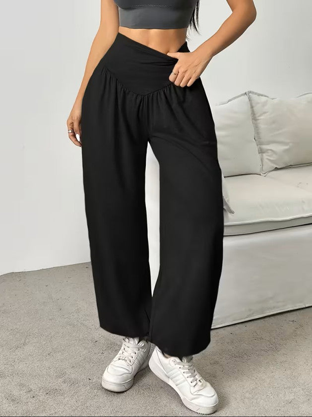 Women's High Waisted Ruched Pocket Wide Leg Viscose Double Yarn Trousers, 32470