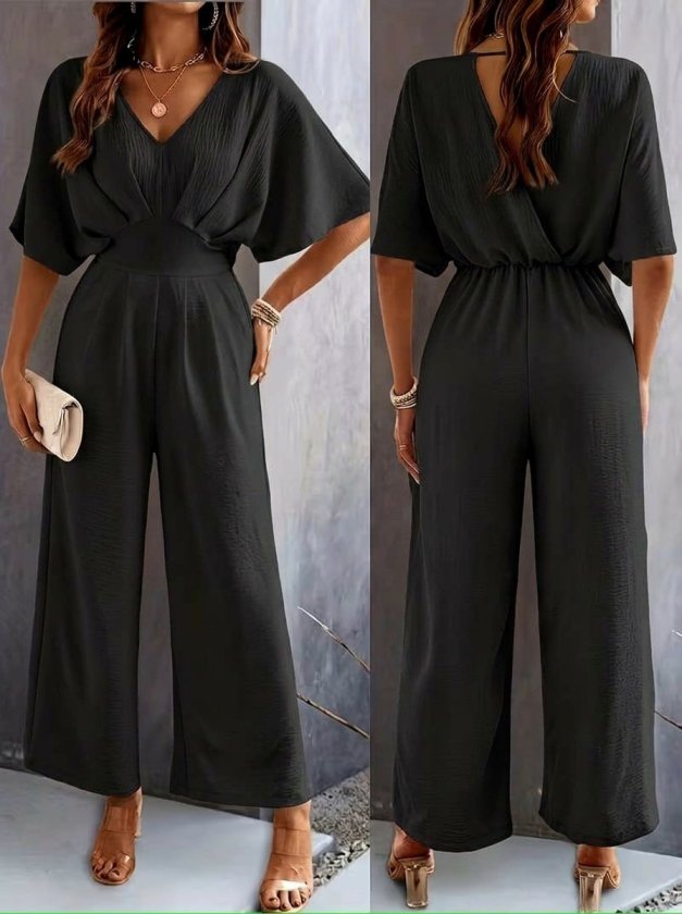 Women's Short Sleeve Wrap Neck Ruched Front Long Aerobin Jumpsuit, 33293