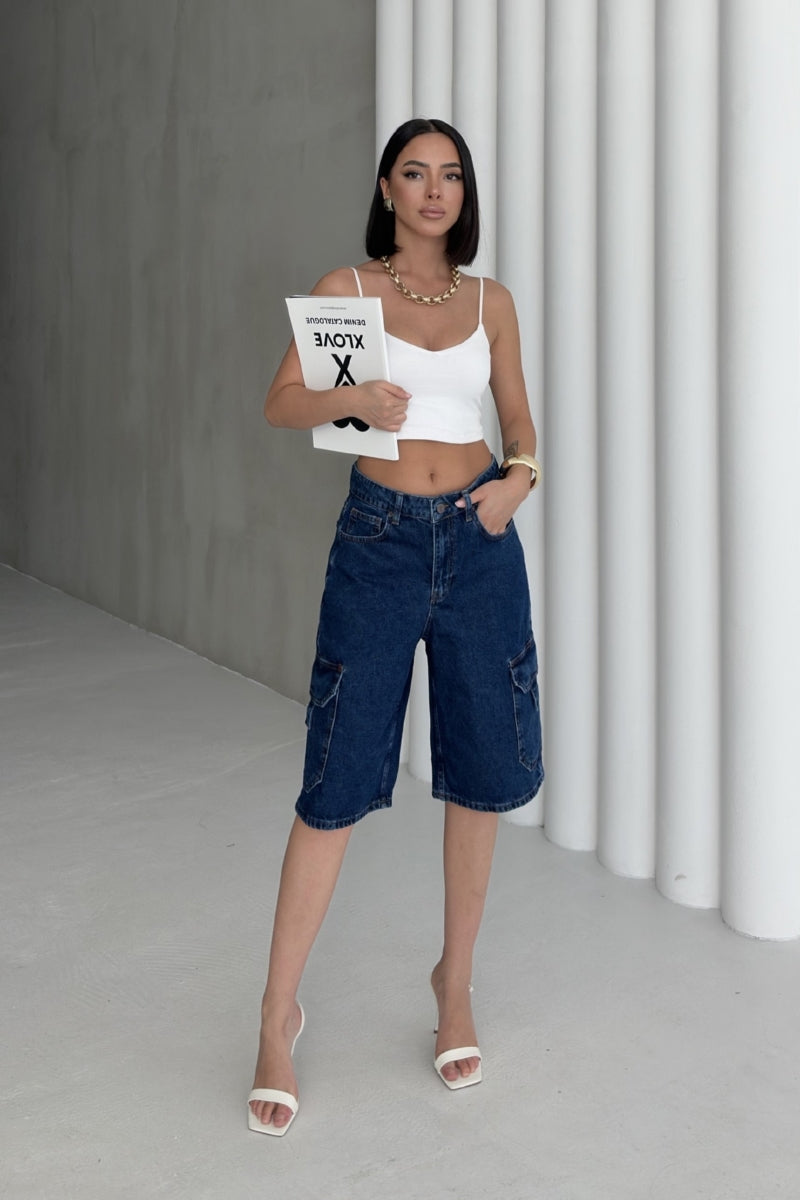 Cep Detaylı Orta Boy Kot Şort Düz Koyu Rins