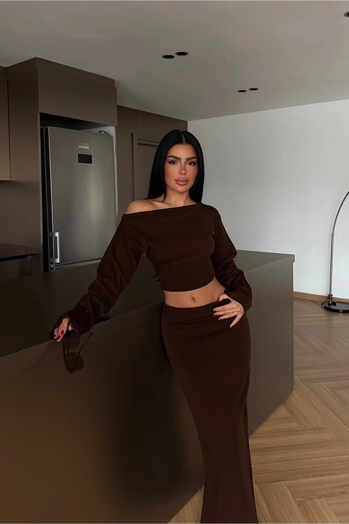 Acı Kahve Uzun Kollu Etekli Takım