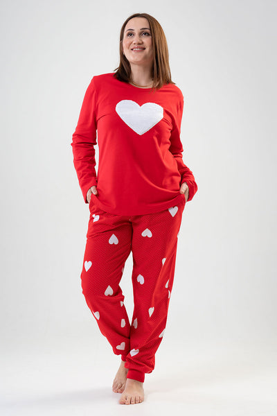 BAYAN 2IPLIK XXL O YAKA UZUN KOL ETEGI OVAL CEPLI MANSETLI PIJAMA TAKIM - KIRMIZI