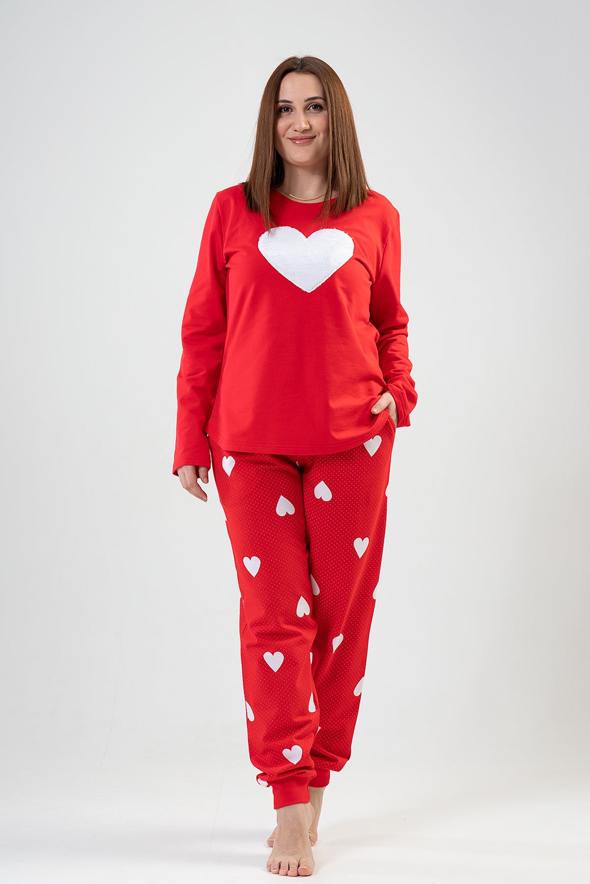 BAYAN 2IPLIK XXL O YAKA UZUN KOL ETEGI OVAL CEPLI MANSETLI PIJAMA TAKIM - KIRMIZI