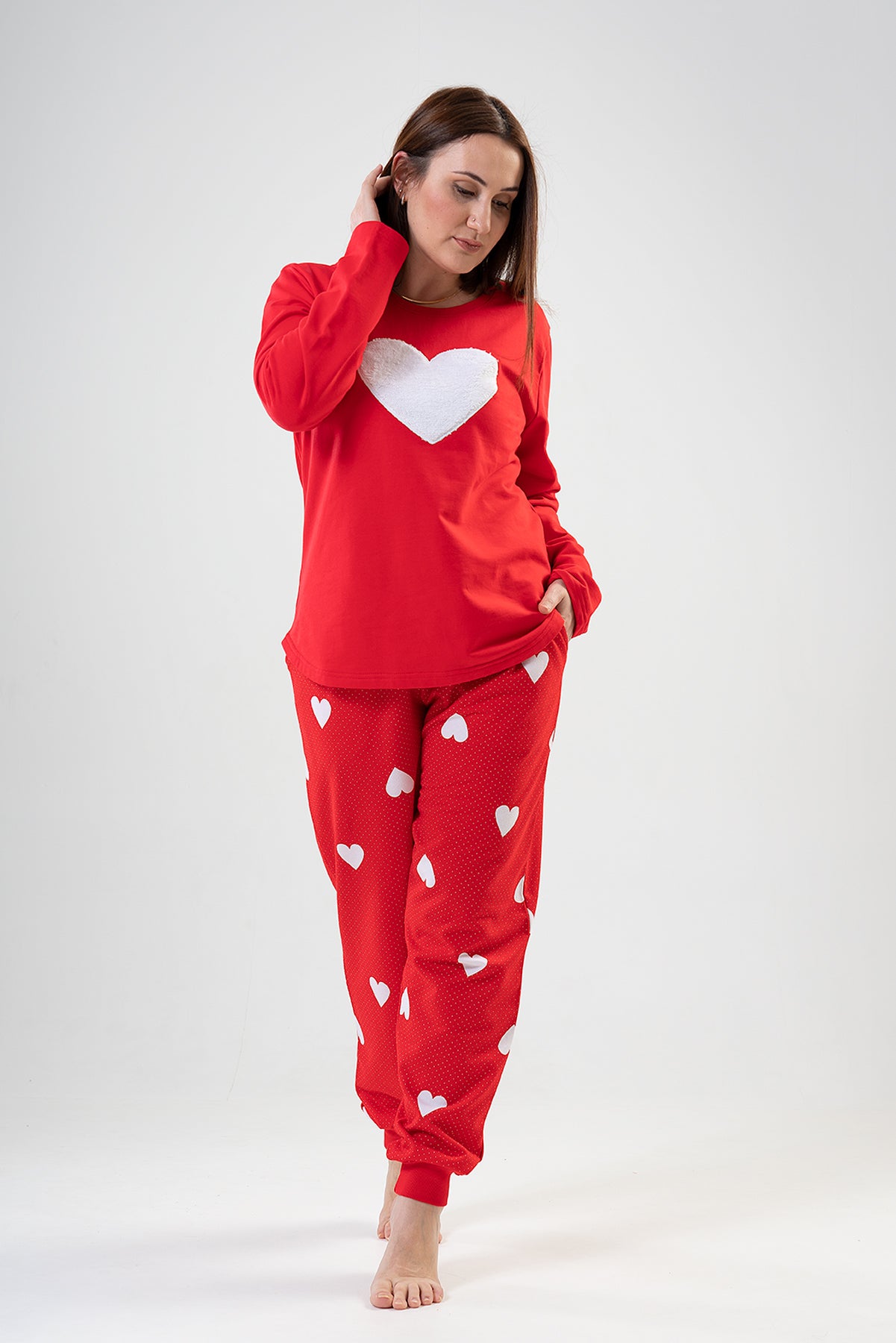BAYAN 2IPLIK XXL O YAKA UZUN KOL ETEGI OVAL CEPLI MANSETLI PIJAMA TAKIM - KIRMIZI
