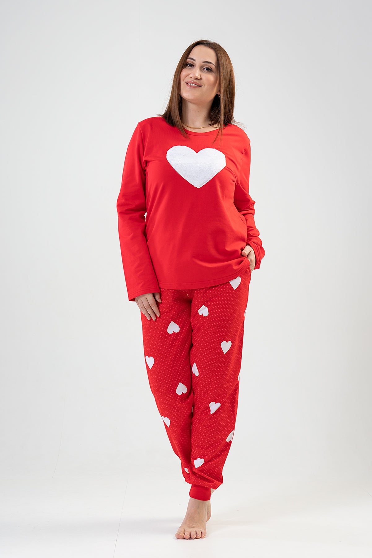 BAYAN 2IPLIK XXL O YAKA UZUN KOL ETEGI OVAL CEPLI MANSETLI PIJAMA TAKIM - KIRMIZI