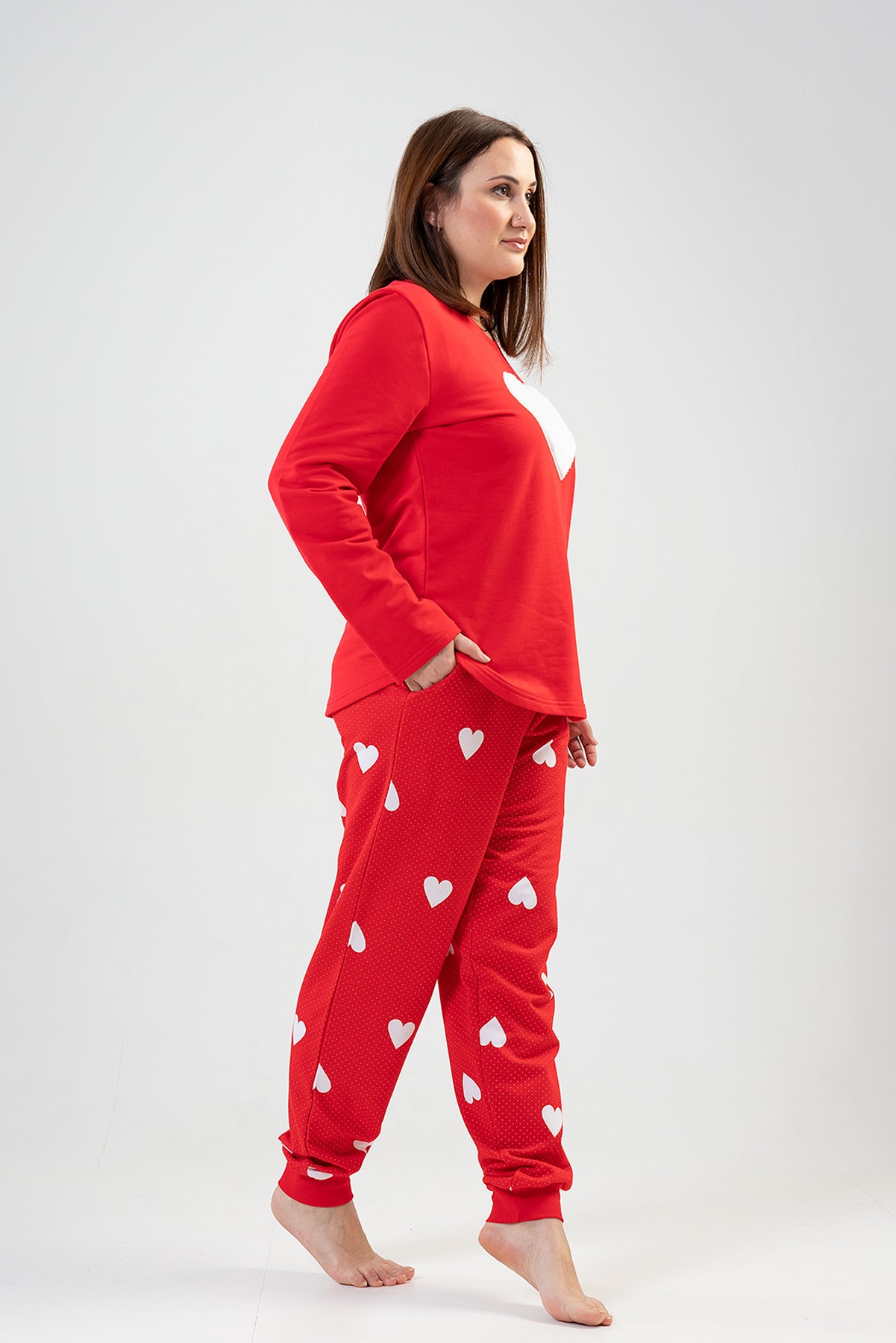 BAYAN 2IPLIK XXL O YAKA UZUN KOL ETEGI OVAL CEPLI MANSETLI PIJAMA TAKIM - KIRMIZI
