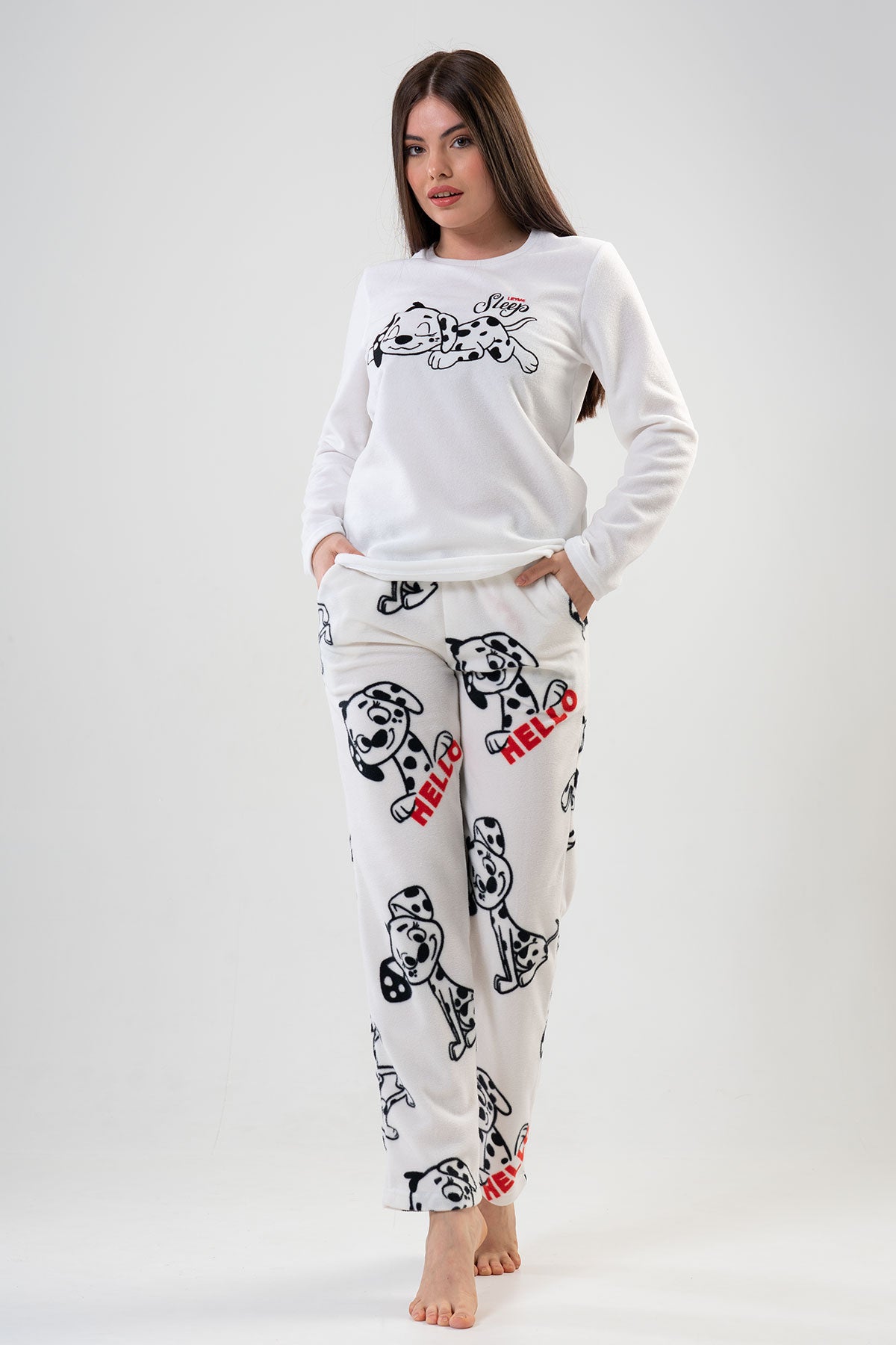 BAYAN POLAR O YAKA UZUN KOL ETEGI OVAL CEPLI PIJAMA TAKIM - BRIGHT WHITE