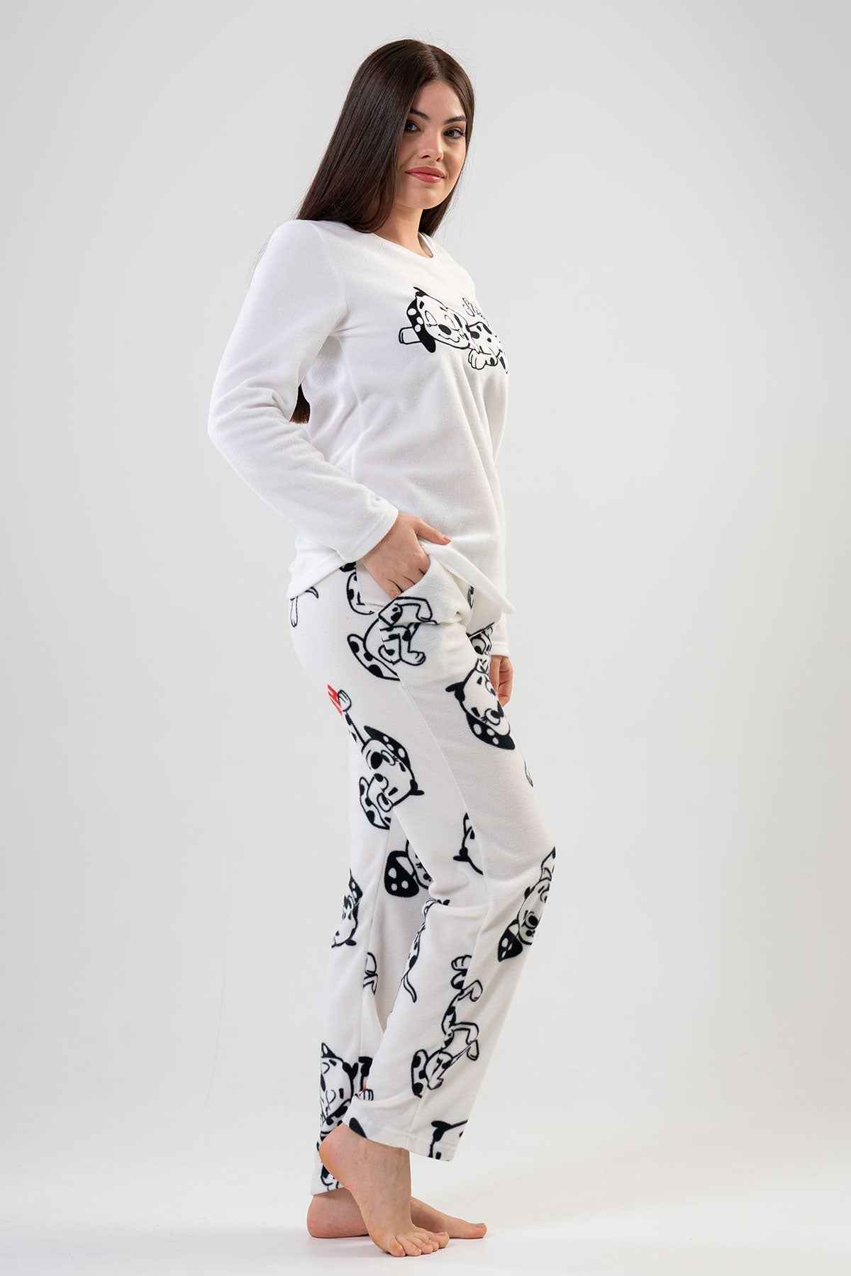 BAYAN POLAR O YAKA UZUN KOL ETEGI OVAL CEPLI PIJAMA TAKIM - BRIGHT WHITE