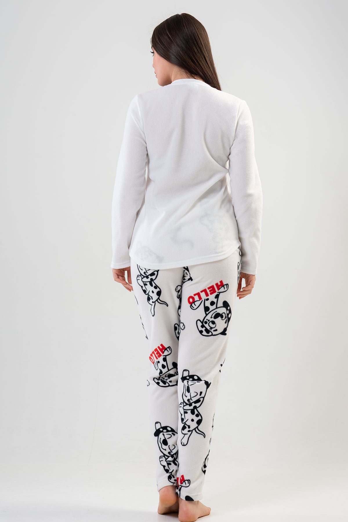 BAYAN POLAR O YAKA UZUN KOL ETEGI OVAL CEPLI PIJAMA TAKIM - BRIGHT WHITE
