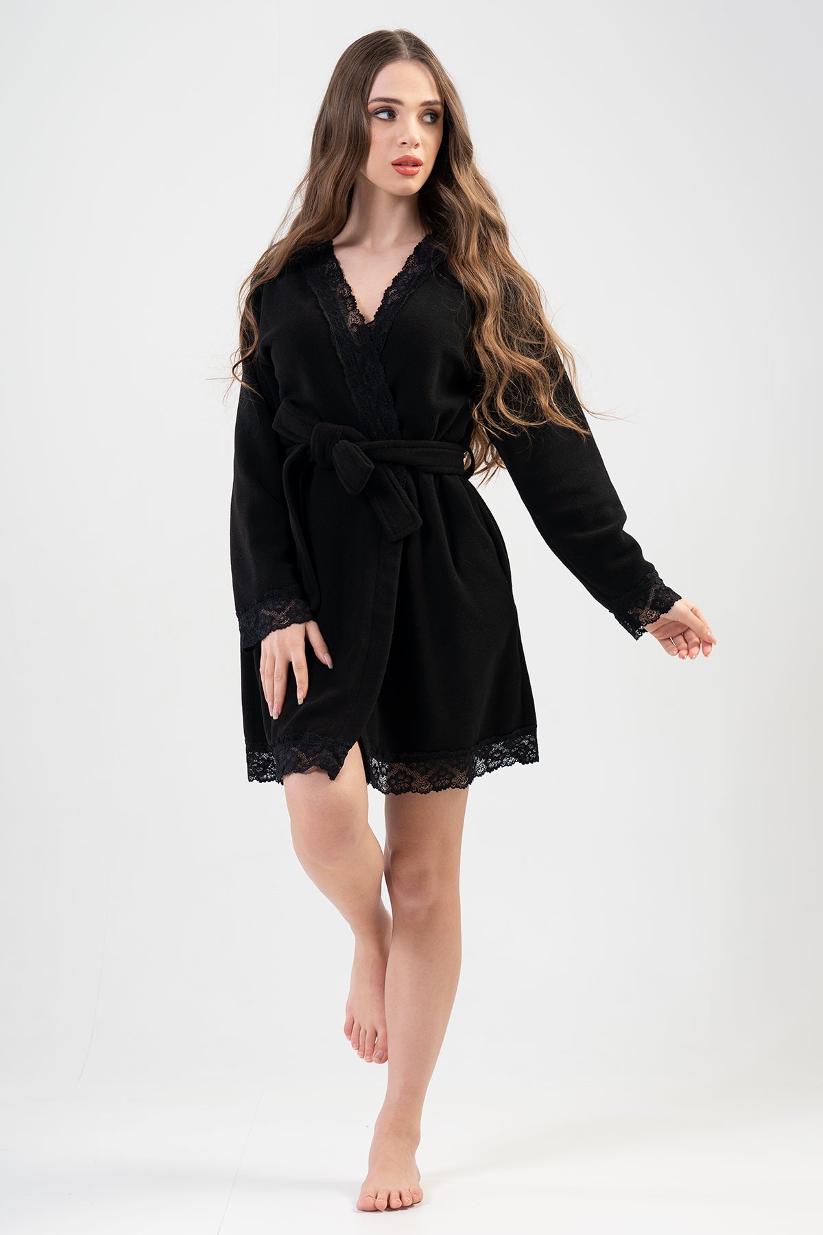 BAYAN POLAR UZUN KOL DANTELLI KISA CEPLI SABAHLIK